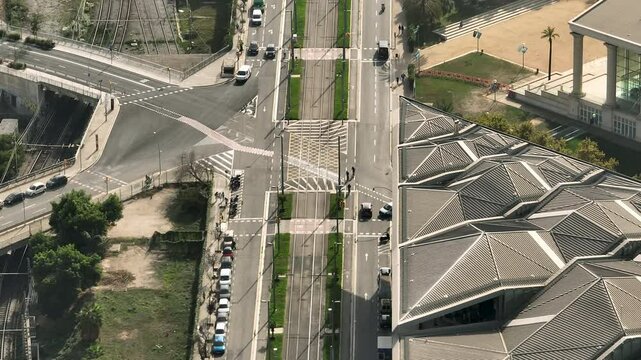sunny day barcelona city center famous market exterior traffic street crossroad aerial topdown panorama 4k spain