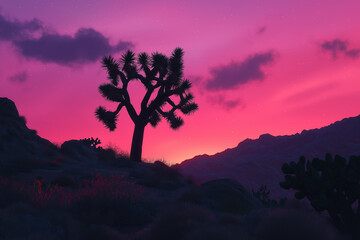 Vibrant Joshua Tree silhouetted against a radiant pink and purple sunset in the desert landscape