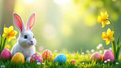 Easter background, include colorful decorated Easter eggs, spring flowers (tulips and daffodils), bunny. copy space in the middle, horizontal