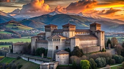 Majestic Castle Sunset Over Rolling Hills