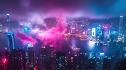 Obraz premium A vibrant, colorful, and illuminated cityscape at night, with buildings reflecting the neon lights and creating a beautiful, futuristic atmosphere.