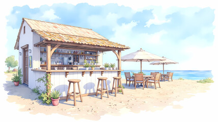 Charming watercolor beach bar with thatched roof and outdoor seating overlooking the ocean
