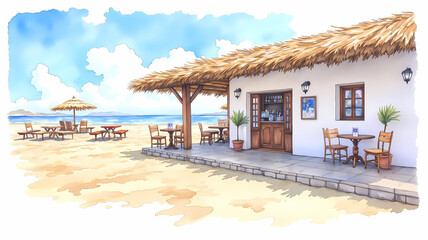 Fototapeta premium Charming watercolor seaside café with thatched roof and outdoor seating in a coastal setting