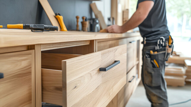 Carpenter installing wooden cabinets in a modern kitchen, tools and materials around, cabinet installation, home renovation
