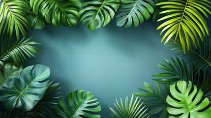 A frame of lush green tropical leaves on a blue background with copy space in the center.