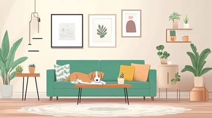 Stylish living room interior of modern apartment with mint sofa, design coffee table, furniture, plants and elegant accessories, beautiful dog lying on the couch home decor template