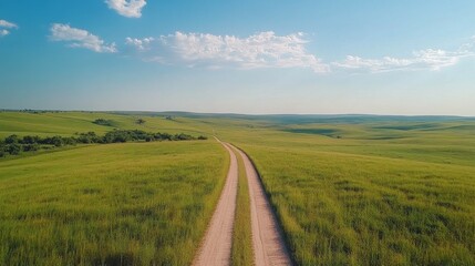 A winding dirt road through lush green fields under a clear blue sky in a tranquil landscape
