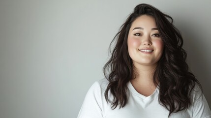 Fototapeta premium ライフスタイルデザインのための、カジュアルな白いシャツを着た長い髪の笑顔の女性のポートレート