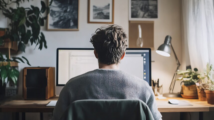 Freelancer using a computer in a cozy home office with a minimalist setup, freelance work, remote productivity