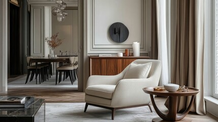 Stylish living room with frotte armchair, wooden commode, side table, and elegant home accessories. Dining room in the background