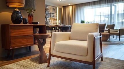 Stylish living room with frotte armchair, wooden commode, side table, and elegant home accessories. Dining room in the background