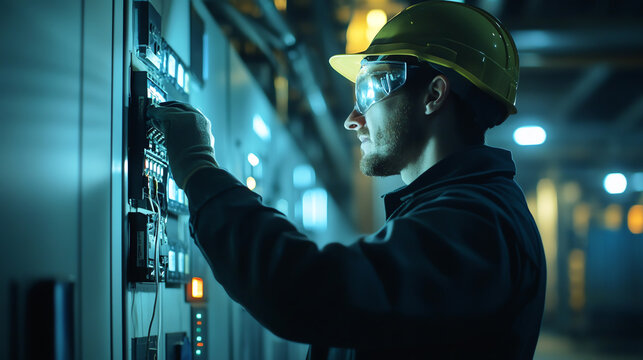 Maintenance worker checking electrical systems tools safety gear, electrical maintenance, facility repair