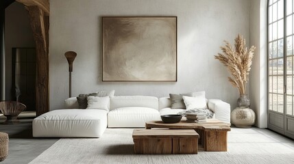 Stylish living room with modular white sofa, wooden furniture, paintings, and decorations