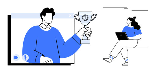 Man holding a trophy on a video call, while a woman with a laptop relaxes and watches. Ideal for online awards, remote work, achievement, virtual events, team recognition, teamwork, and digital