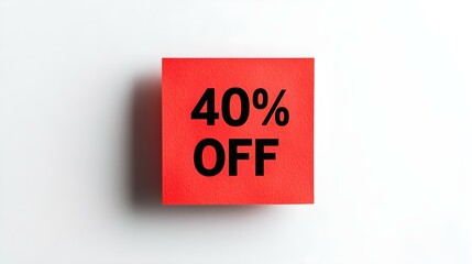 Black '40% OFF' Text on a Red Square Paper Note. White Background with Copy Space