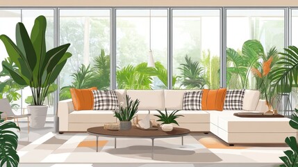 Stylish open space interior with design modular sofa, furniture, coffee tables, plaid, pillows, tropical plants, and elegant accessories in home decor template