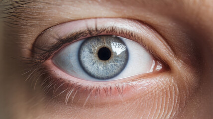 Close-up of a human eye with striking blue iris, showcasing fine details and textures in the skin surrounding it.