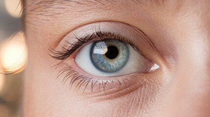 Obraz premium Close-up of a female's blue eye, showcasing intricate details, smooth skin, and long lashes, conveying a sense of curiosity and wonder in a softly blurred background.