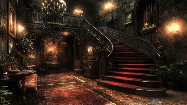 A grand, dark, and ominous staircase in a mansion.