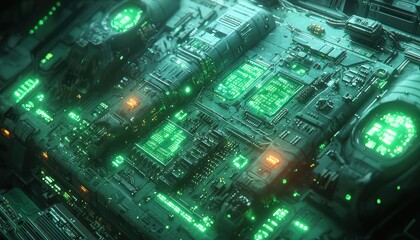 Fototapeta premium Futuristic Green Circuit Board with Glowing Lights
