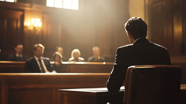 Defense lawyer presenting evidence during a trial, addressing the jury, criminal defense, courtroom drama