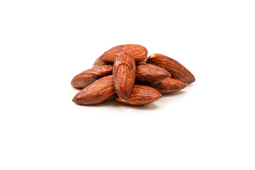 A group of caramelized almonds isolated on a white background.