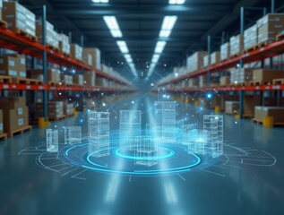Smart warehouse management system using augmented reality technology to identify package picking and delivery . Future concept of supply chain and logistic busines
