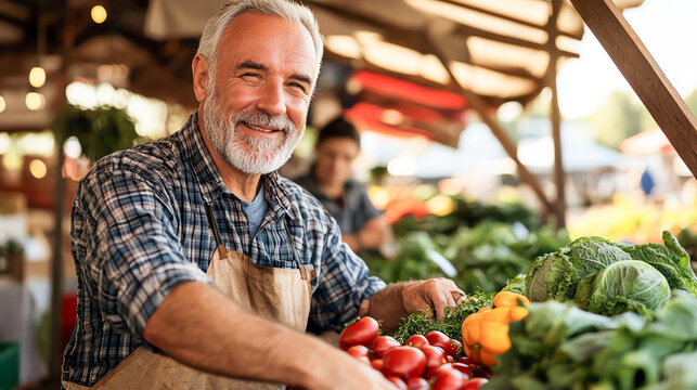 Farmer selling produce at a local farmers market, interacting with customers, farmtotable, local agriculture