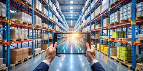 Smart warehouse management system using augmented reality technology to identify package picking and delivery . Future concept of supply chain and logistic busines