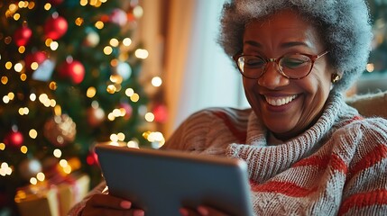 A happy senior African American woman having a video call using a tablet at Christmas.