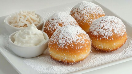 Coconut-filled beignets dusted with powdered sugar, isolated on a white plate, with coconut flakes and small bowls of coconut cream