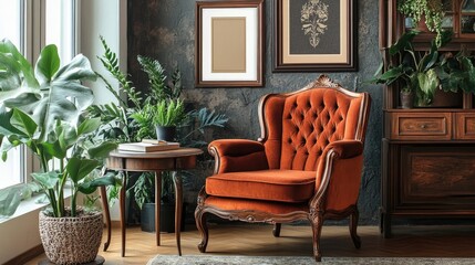 Vintage concept of living room interior with brown mock up poster frame, retro armchair, table, plant, decoration book and elegant accessories