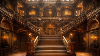 A grand staircase with ornate carvings and chandeliers in a luxurious mansion.