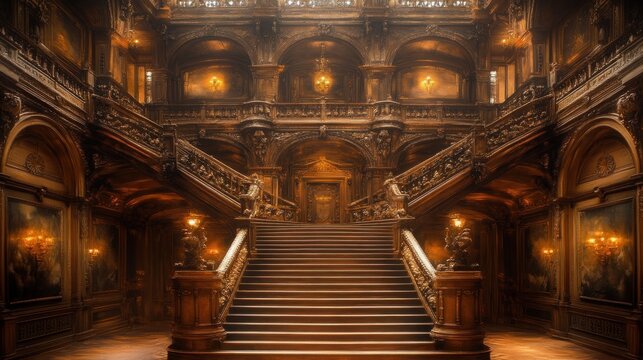 A grand staircase with ornate carvings and chandeliers in a luxurious mansion. - Powered by Adobe