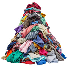 A large pile of colorful clothes stacked on top of each other on a transparent background hints at recycling, donation or the problem of textile waste.