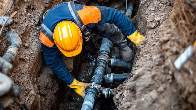 Plumber in a hard hat and overalls working on a construction site, laying new pipes, construction plumbing, pipe installation