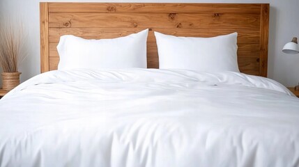 A pristine white duvet cover and pillows rest on a wooden bed frame.