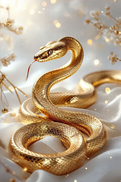 Golden snake coiled in a spiral on a white background. Predatory amphibian, symbol of Chinese New Year 2025