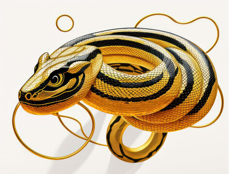 A golden snake coiled in a spiral on a white background. A predatory amphibian, symbol of the year 2025