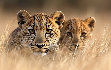Obraz premium Two leopards in tall grass gaze intently, showcasing their striking fur patterns and captivating eyes in a natural setting.
