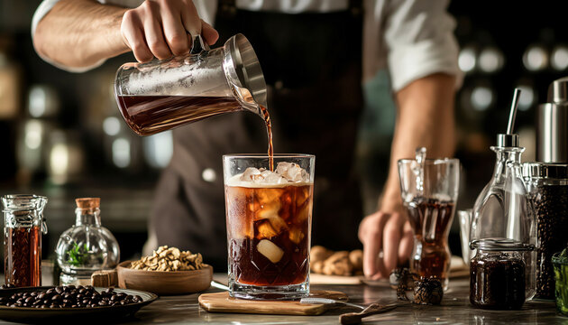 Barista mixing a cold brew coffee drink, surrounded by syrups and fresh ingredients, cold brew preparation, barista creativity