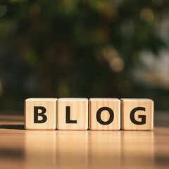 Wooden blocks spelling "BLOG" on shelf, representing online content creation, writing, digital marketing, communication, publishing, web platform, and social media outreach.