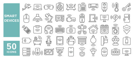 Set of 50 line icons related to smart devices, device, wifi, internet, gadgets, digital, machine, office, home, Editable stroke. Vector illustration