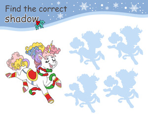 Find correct shadow game for children with Christmas cute unicorn