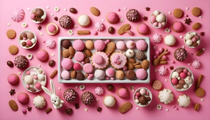 Vibrant showcase of a delightful array of cakes, cookies, tarts, and pastries in a tempting dessert display