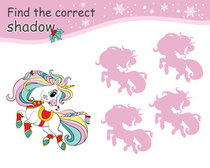 Find correct shadow game for children with cute Christmas unicorn