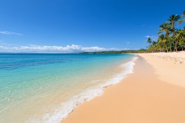 Fototapeta premium A serene tropical beach setting with crystal clear water and palm trees under a bright sky