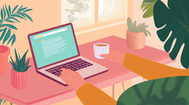 Person working remotely at a desk with a laptop and coffee, cozy home environment, remote work, home office