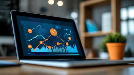 A laptop screen shows a graph with a red check mark on it