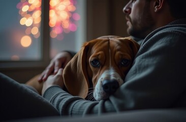 The Beagle dog is very afraid of fireworks. He is shaking with fear and crying. The owner is trying to calm the pet. Please do not throw firecrackers